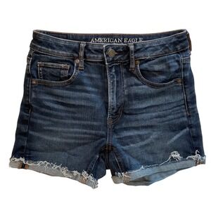 American Eagle Super Hi-Rise Shortie Denim Cuffed Shorts Dark Wash Size 4